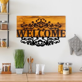 Wallity Welcome Escultura de pared de madera y metal en Nogal y Negro